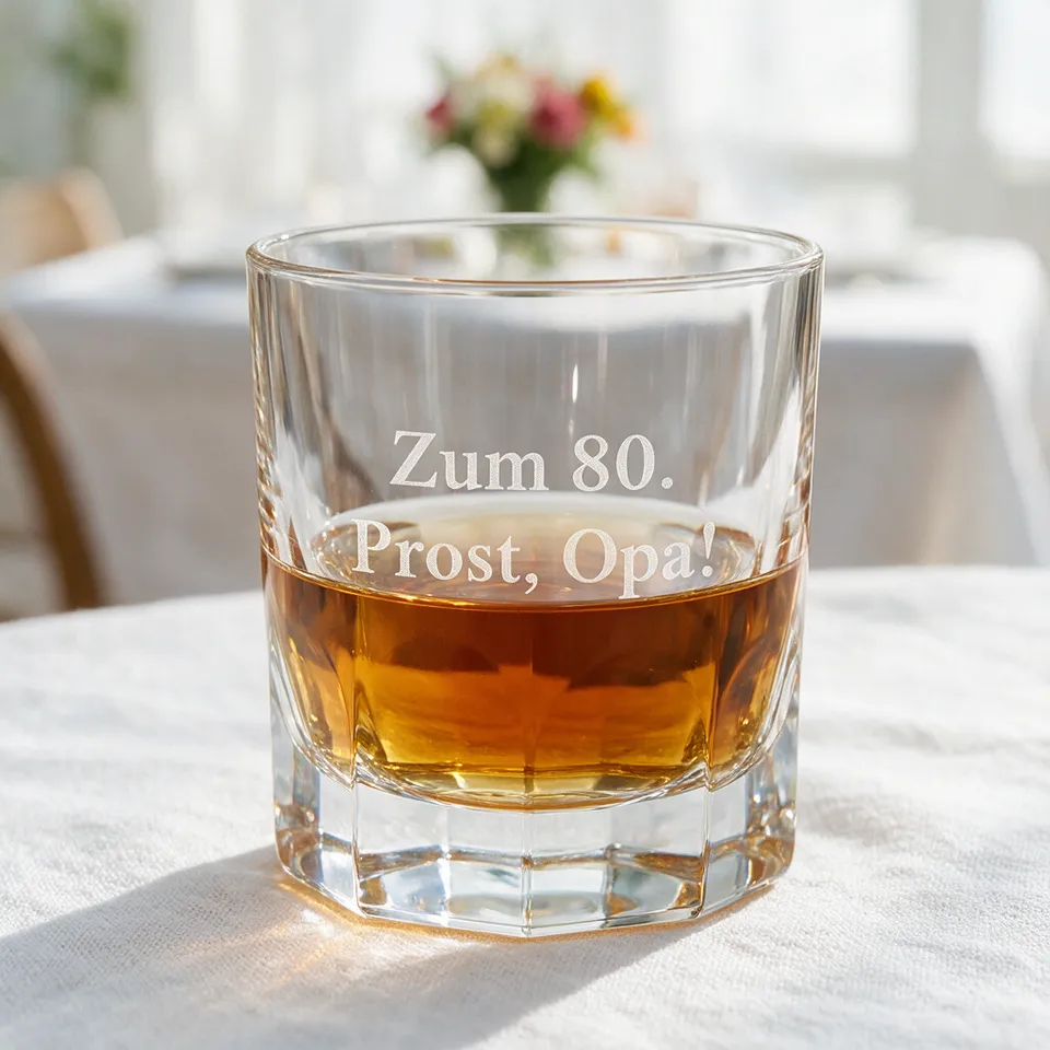 Whiskyglas auf einem festlich gedeckten Tisch, graviert mit „Zum 80. Prost, Opa!“