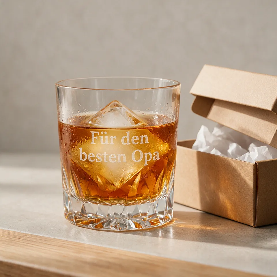 Whiskyglas mit Eiswürfel neben einer Geschenkbox, graviert mit „Für den besten Opa“