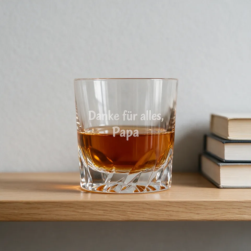 Whiskyglas auf einem Regal neben Büchern, graviert mit „Danke für alles, Papa“