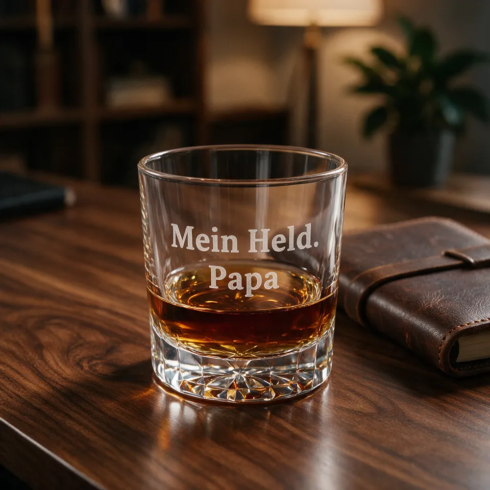 Whiskyglas auf einem Walnuss-Schreibtisch neben einem Lederbuch, graviert mit „Mein Held. Papa“