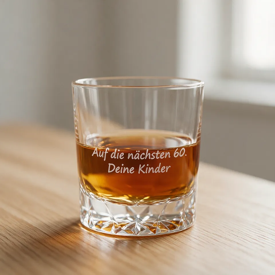 Whiskyglas mit Whisky auf einem Eichentisch, graviert mit „Auf die nächsten 60. Deine Kinder“