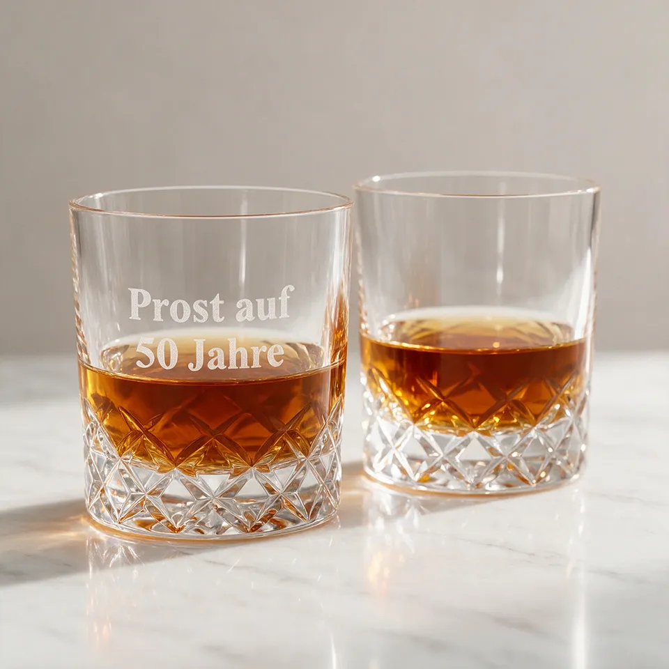 Zwei Whiskygläser auf Marmor, das vordere graviert mit „Prost auf 50 Jahre“