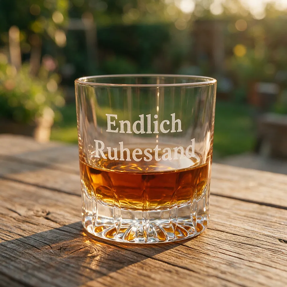 Whiskyglas auf einem Gartentisch im Abendlicht, graviert mit „Endlich Ruhestand“