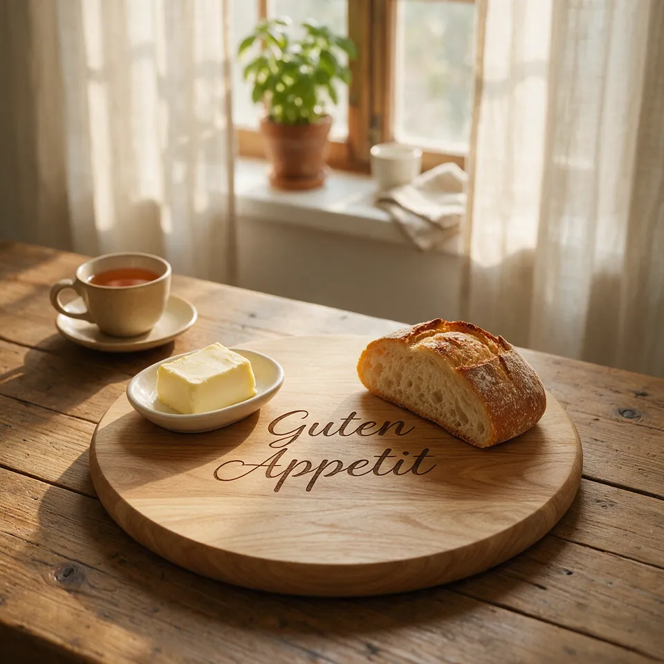 Rundes Servierbrett mit Brot, graviert mit „Guten Appetit“