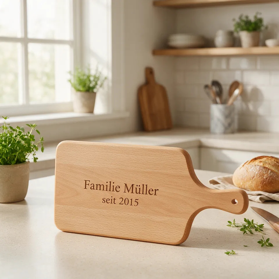 Schneidebrett aus Buche mit Griff, graviert mit „Familie Müller seit 2015“