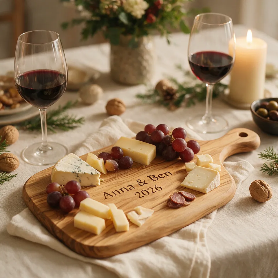 Olivenholzbrett mit Käse und Weingläsern, graviert mit „Anna & Ben 2026“