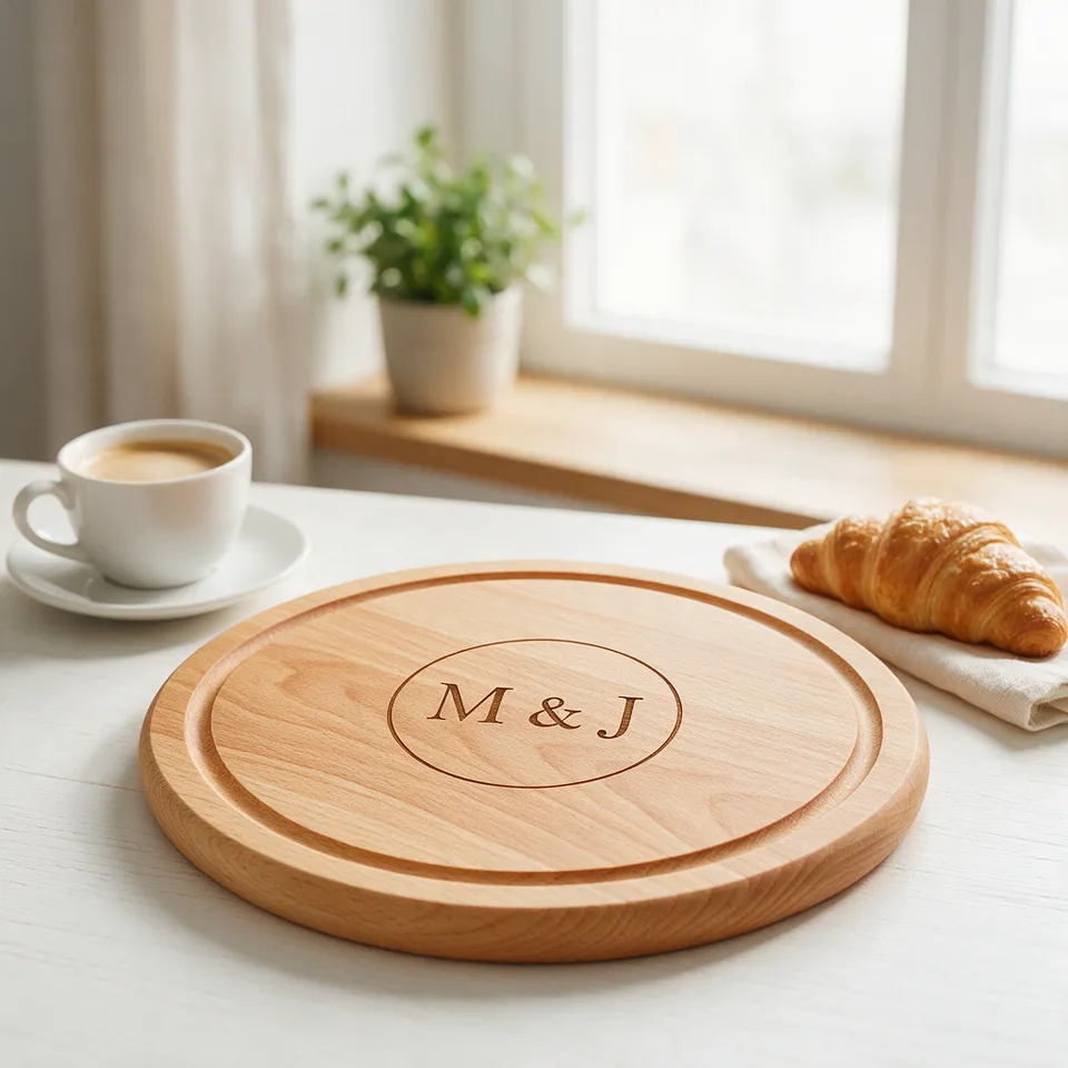 Frühstücksbrett mit den gravierten Initialen „M & J“ im Kreis