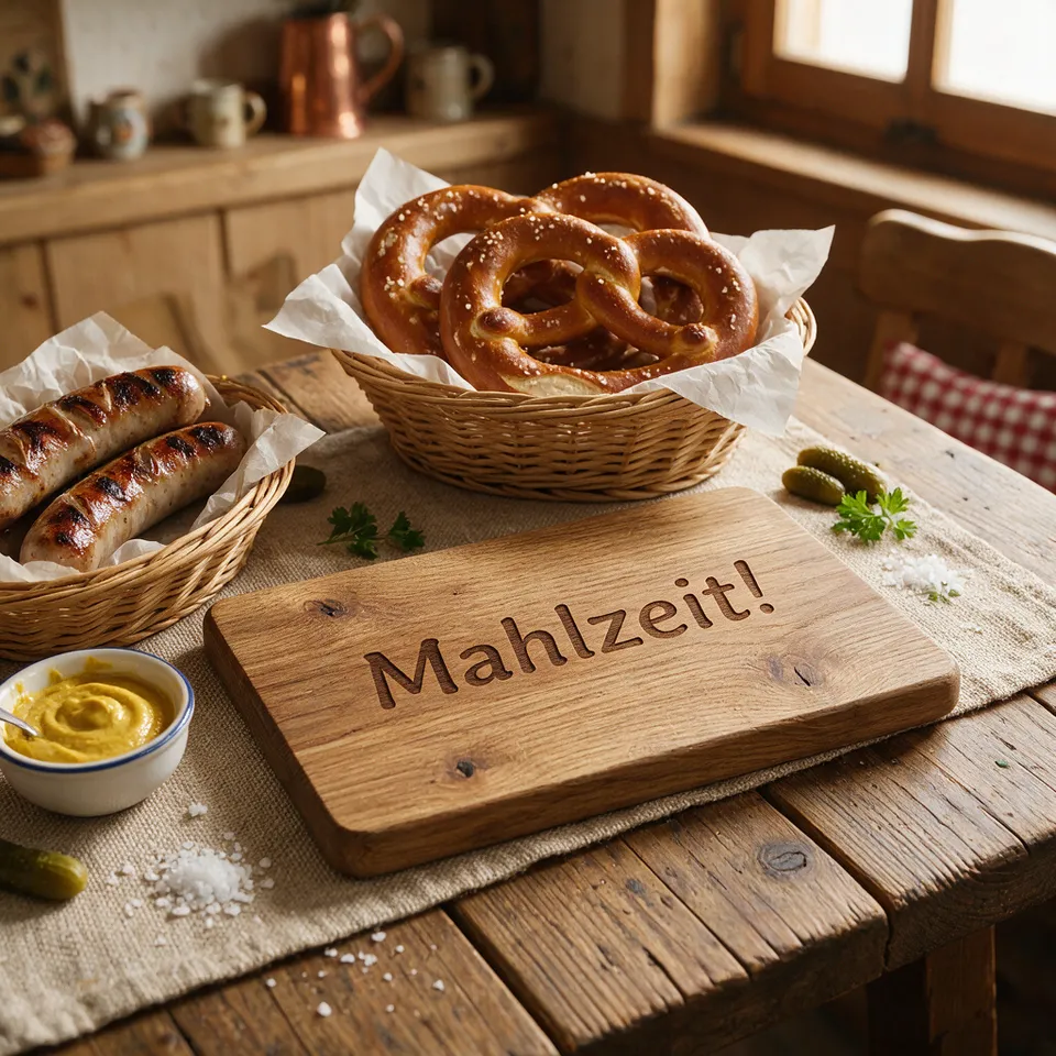 Eichenbrett mit Brezen und Würstchen, graviert mit „Mahlzeit!“