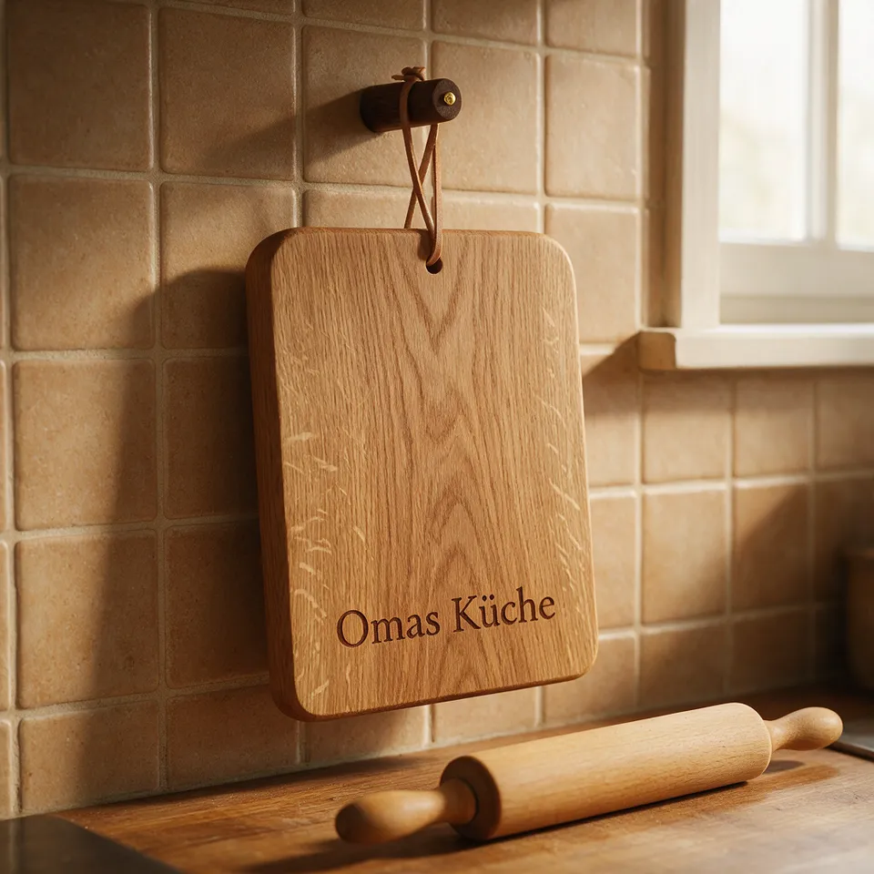 Eichenbrett an einer Küchenwand, graviert mit „Omas Küche“