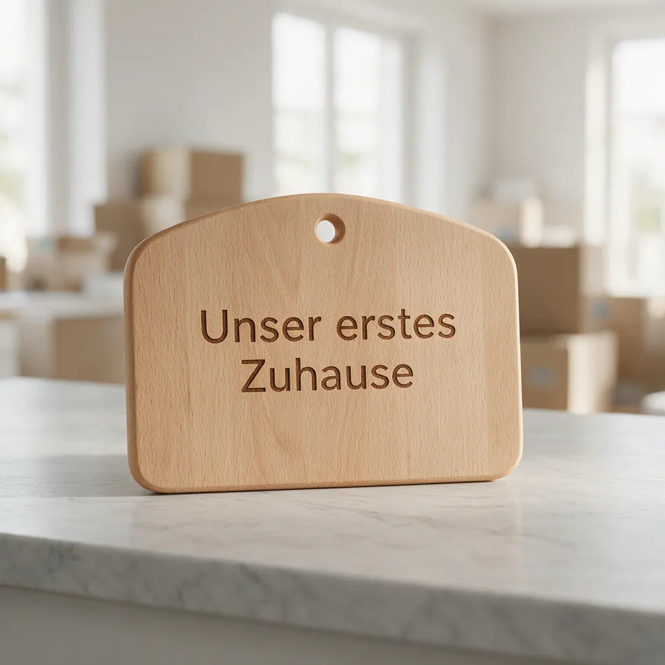 Buchenbrett in einer neuen Küche, graviert mit „Unser erstes Zuhause“