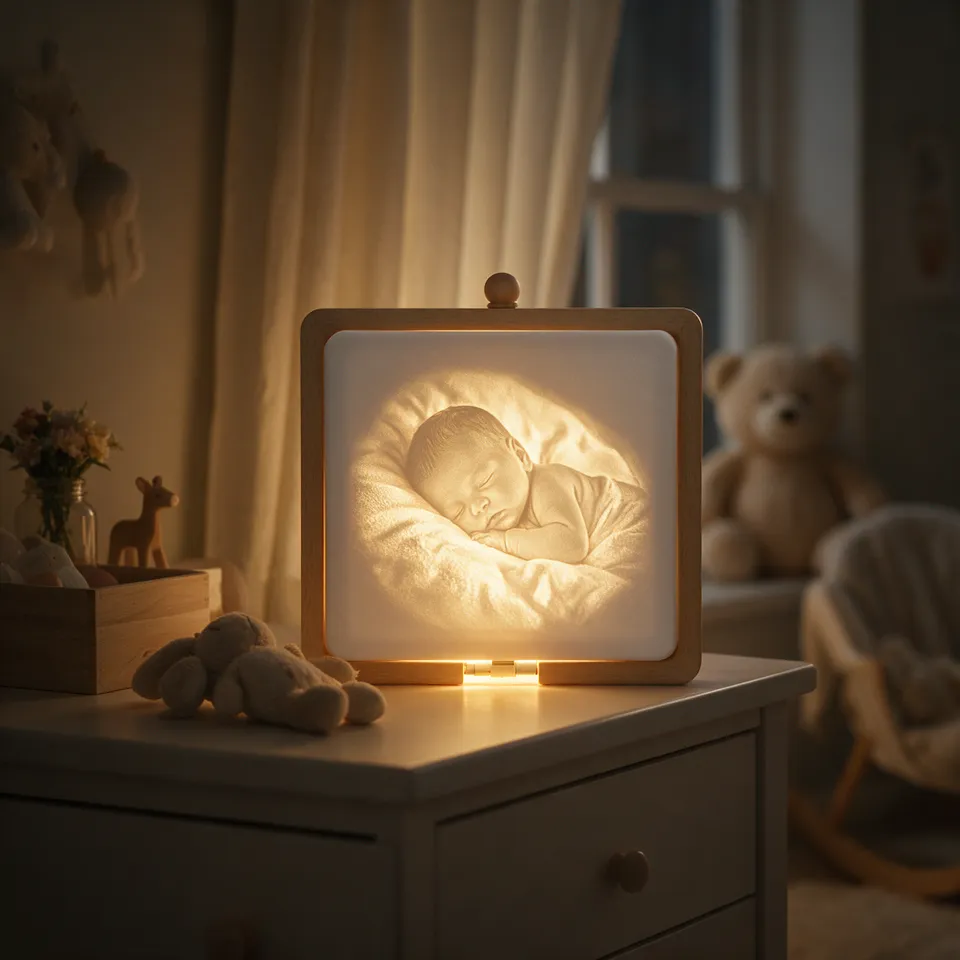 Lithophane-Nachtlicht mit einem schlafenden Baby im Kinderzimmer