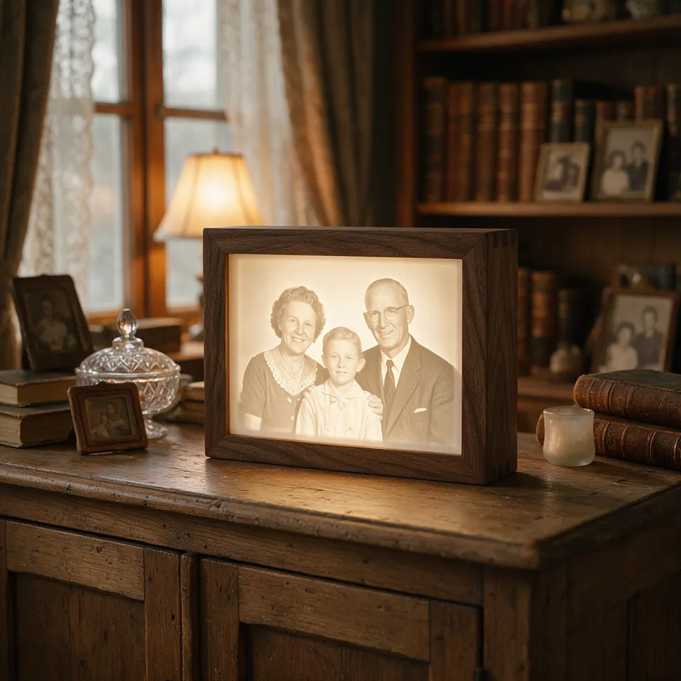 Lithophane im dunklen Holzrahmen mit einem alten Familienporträt
