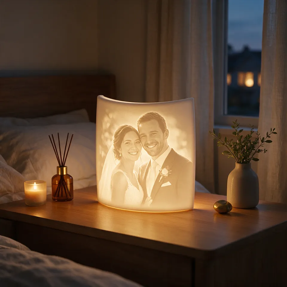 Gebogene Lithophane-Lampe mit einem Brautpaar auf dem Nachttisch