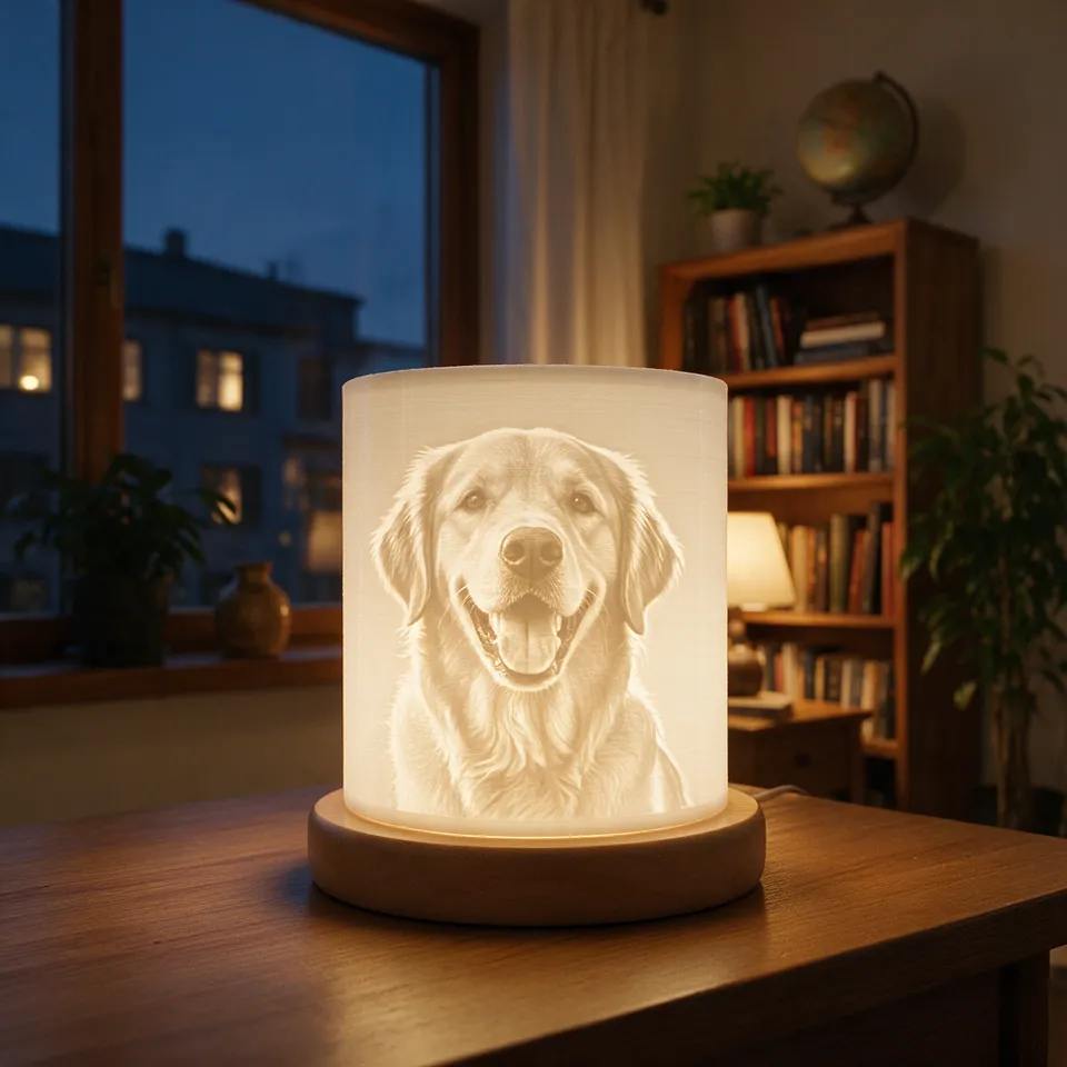 Runde Lithophane-Lampe mit dem Porträt eines Golden Retrievers