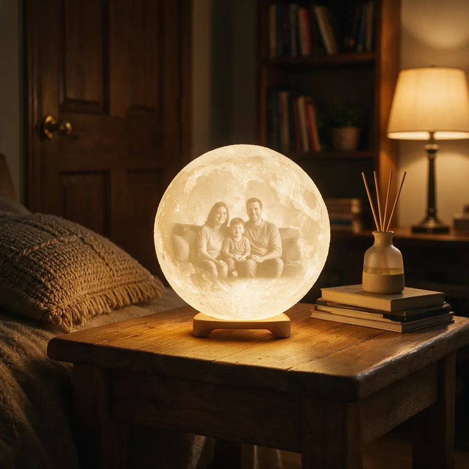 Leuchtende Mondlampe aus dem 3D-Drucker mit einem Familienfoto auf der Oberfläche