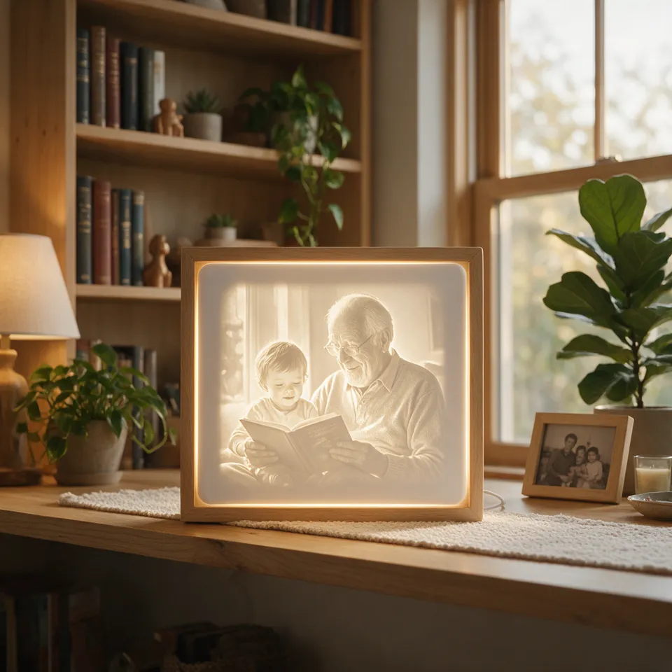 Lithophane im Holzrahmen mit einem Großvater, der seinem Enkel vorliest