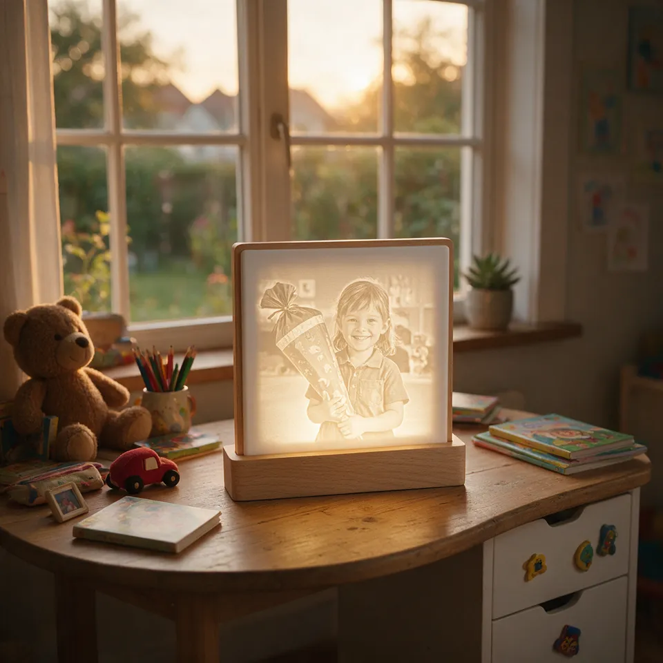 Lithophane-Lampe mit einem Kind mit Schultüte