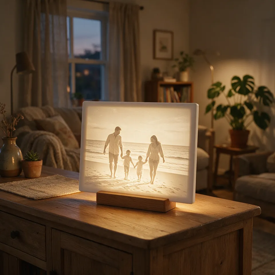 Leuchtende Lithophane-Lampe mit einer Familie am Strand