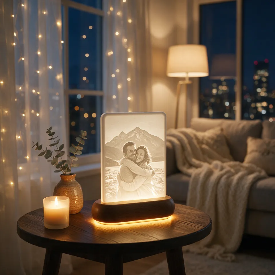 Lithophane-Lampe mit einem Paar vor Bergen