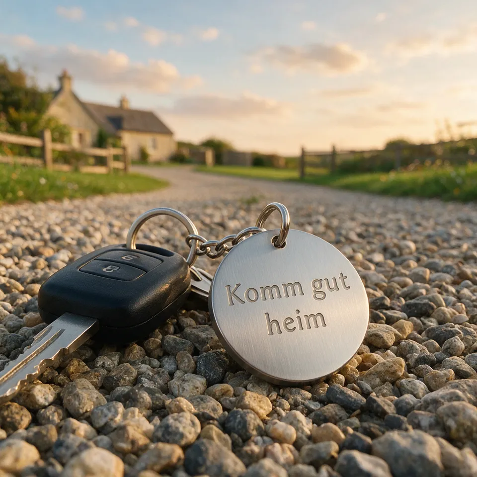Runder Schlüsselanhänger mit Autoschlüssel, graviert mit „Komm gut heim“