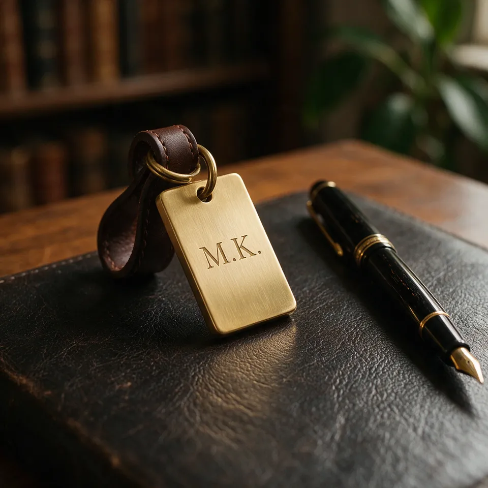 Messing-Anhänger an Lederband, graviert mit den Initialen „M.K.“