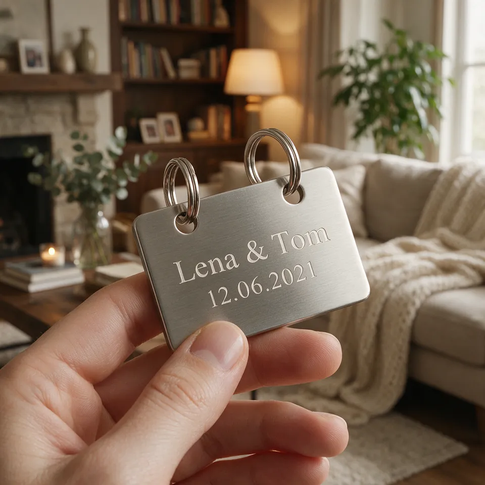 Schlüsselanhänger in einer Hand, graviert mit „Lena & Tom 12.06.2021“