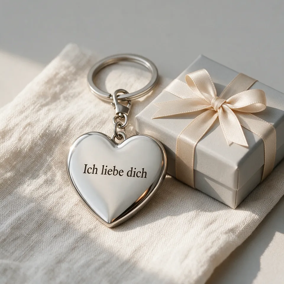 Herzförmiger Schlüsselanhänger neben einer Geschenkbox, graviert mit „Ich liebe dich“