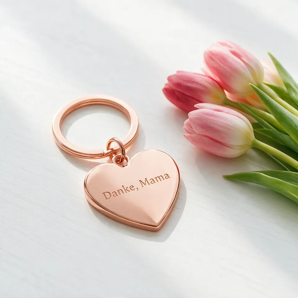 Herzanhänger in Roségold neben Tulpen, graviert mit „Danke, Mama“