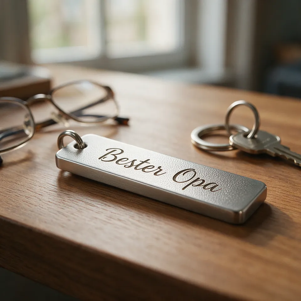 Schlüsselanhänger neben einer Lesebrille, graviert mit „Bester Opa“