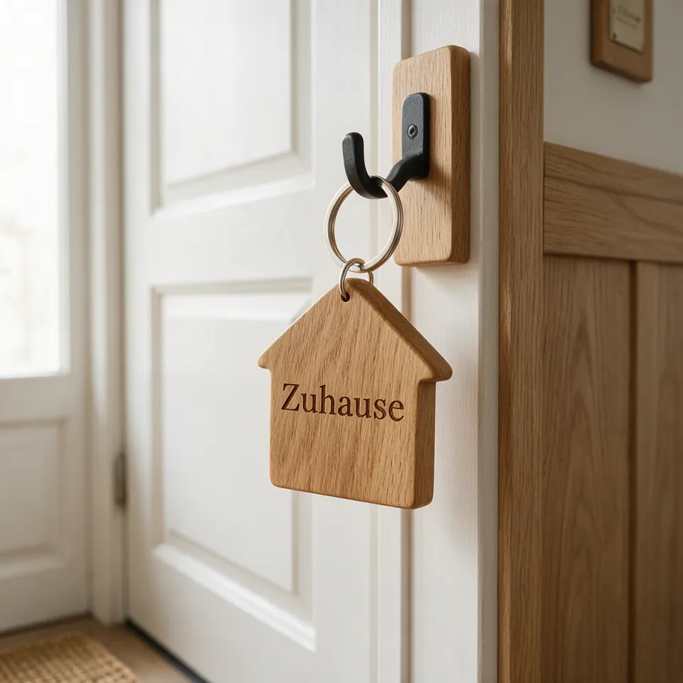 Hausförmiger Holzanhänger am Schlüsselbrett, graviert mit „Zuhause“